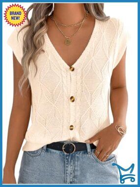 Cap Sleeve V Neck Cable Knit Button Down Sweater Vest Top